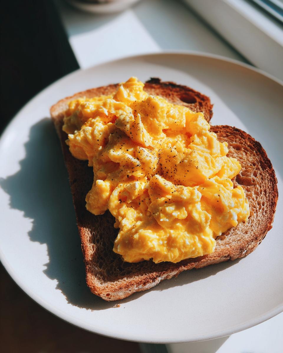 Scrambled eggs seasoned with black pepper on a slice of toasted bread on a white plate