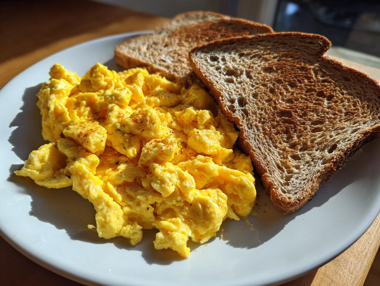 Plate with scrambled eggs seasoned and two slices of toasted bread for easy breakfast recipes