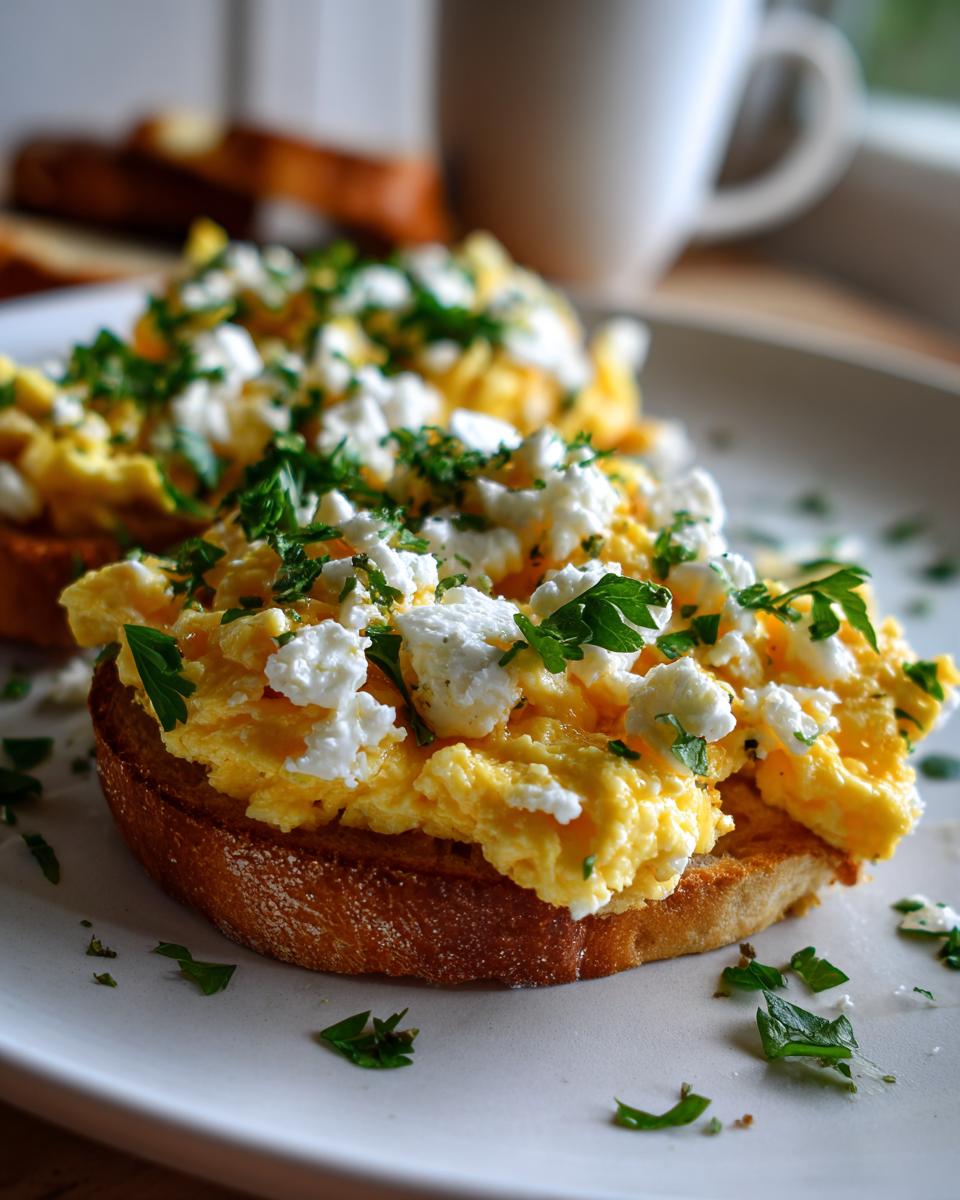 Scrambled eggs on toasted bread topped with white cheese and fresh green herbs high protein suhoor recipes