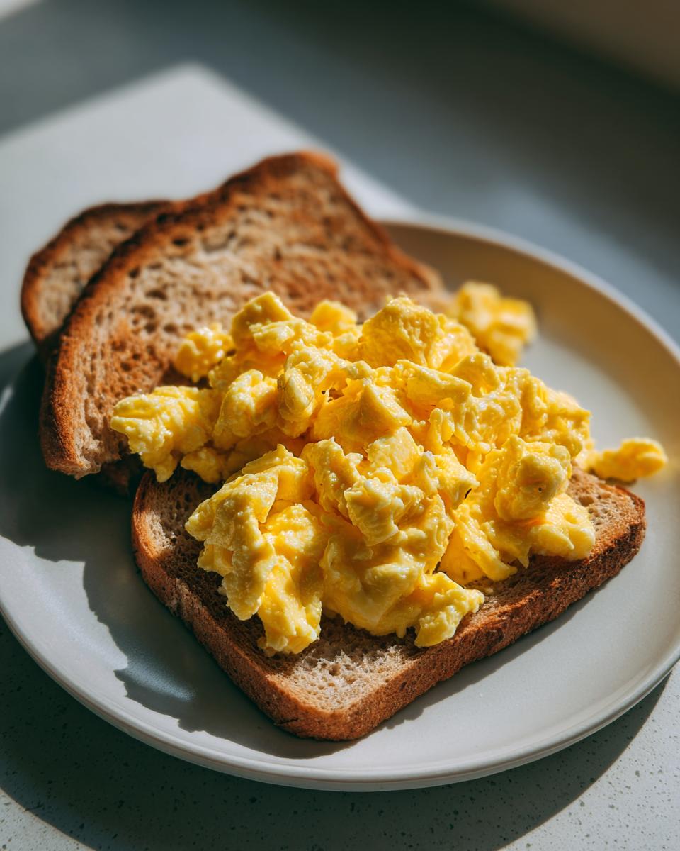 Scrambled eggs served on whole wheat toast on a white plate, a simple easy breakfast recipes idea.