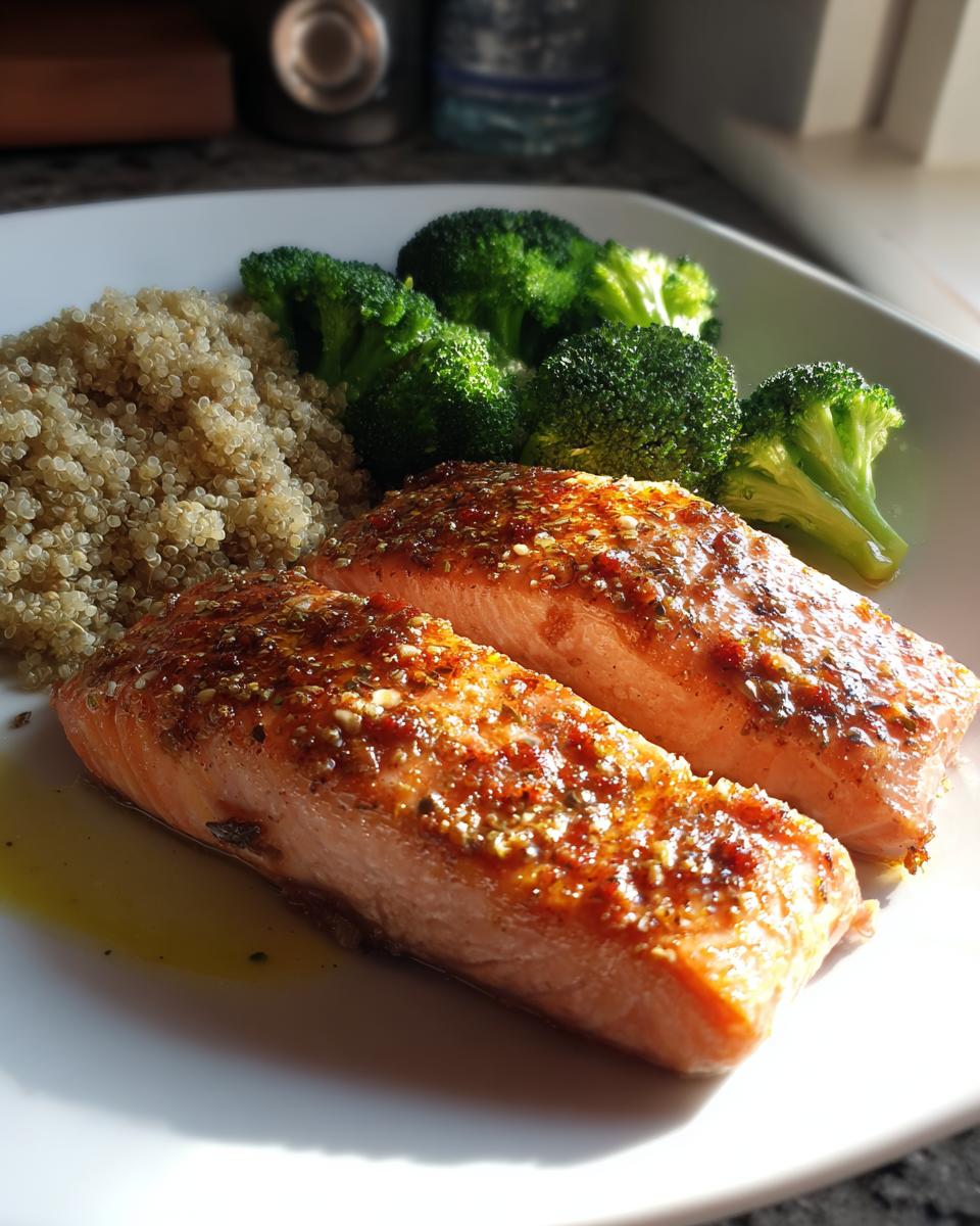 Plate with two seared salmon fillets, steamed broccoli, and a serving of quinoa for salmon dinner ideas.