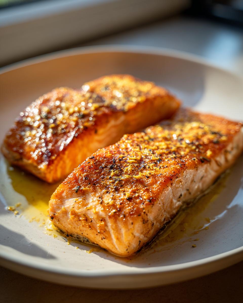 Two perfectly seared salmon fillets with seasoning and a buttery glaze on a white plate.
