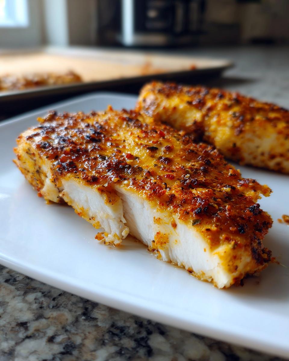 Close-up of seasoned baked chicken breast slices on a white plate for chicken meal prep