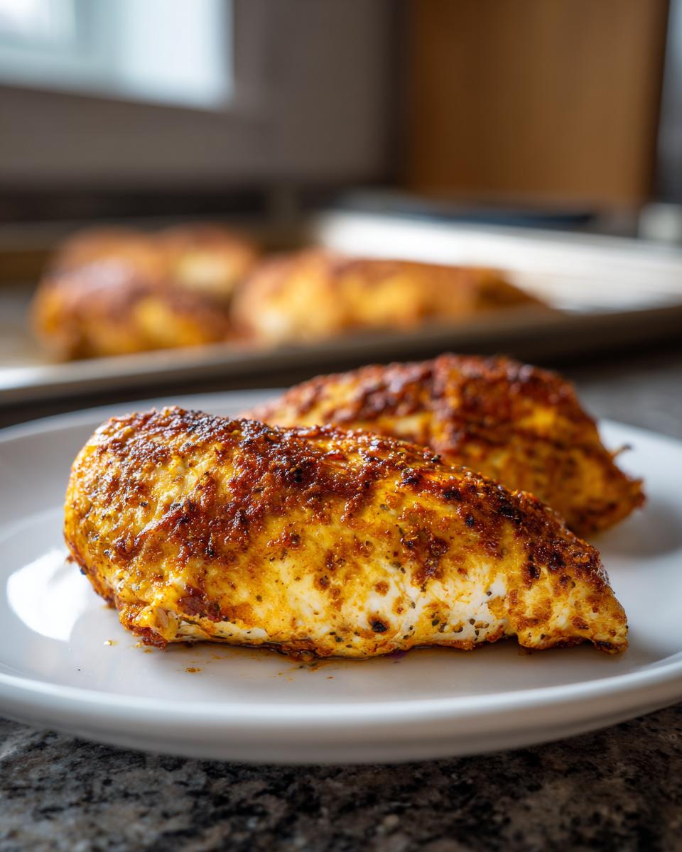 Close-up of seasoned baked chicken breast on a white plate for chicken meal prep.