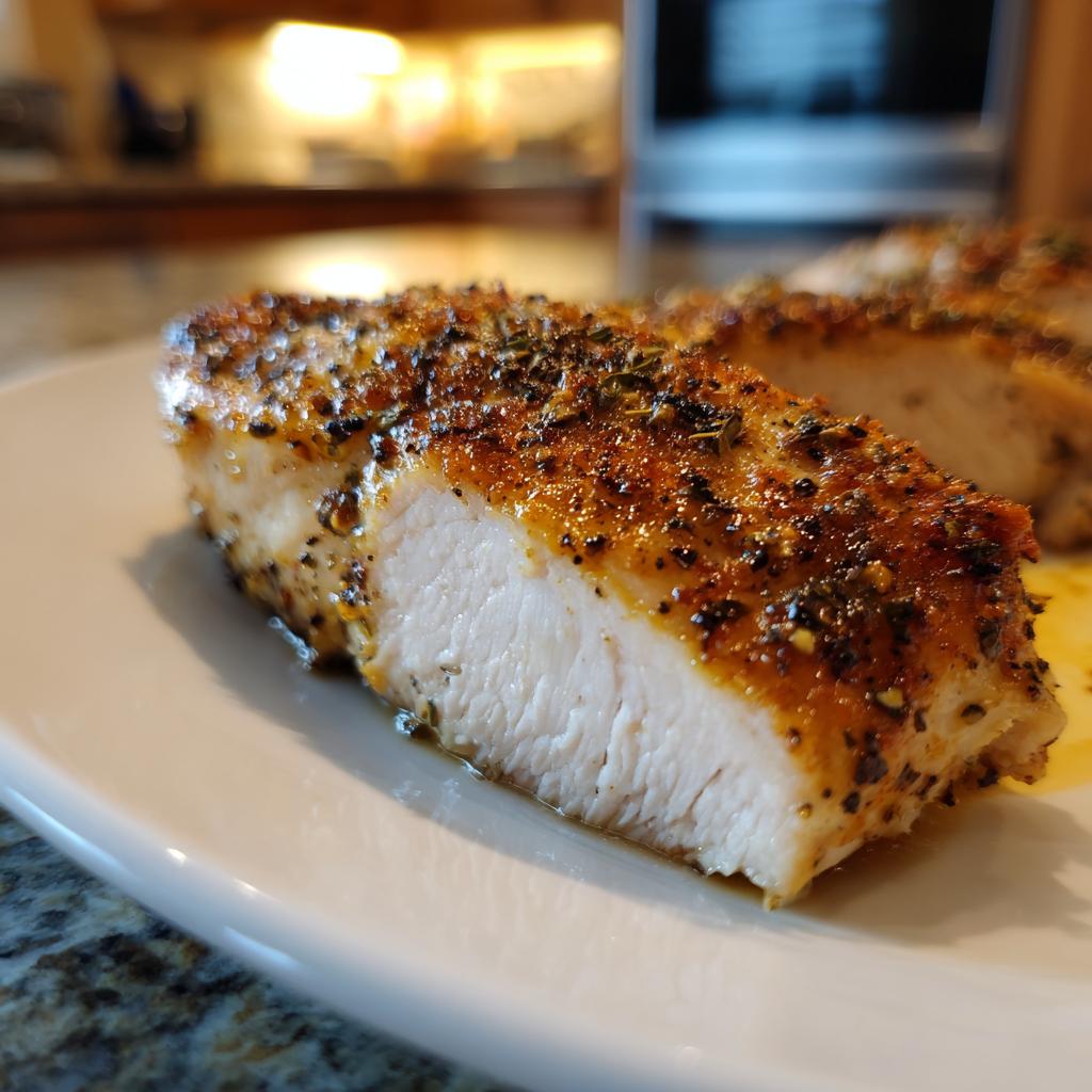 Close-up of a seasoned grilled chicken breast slice on a white plate, showcasing a crispy crust.