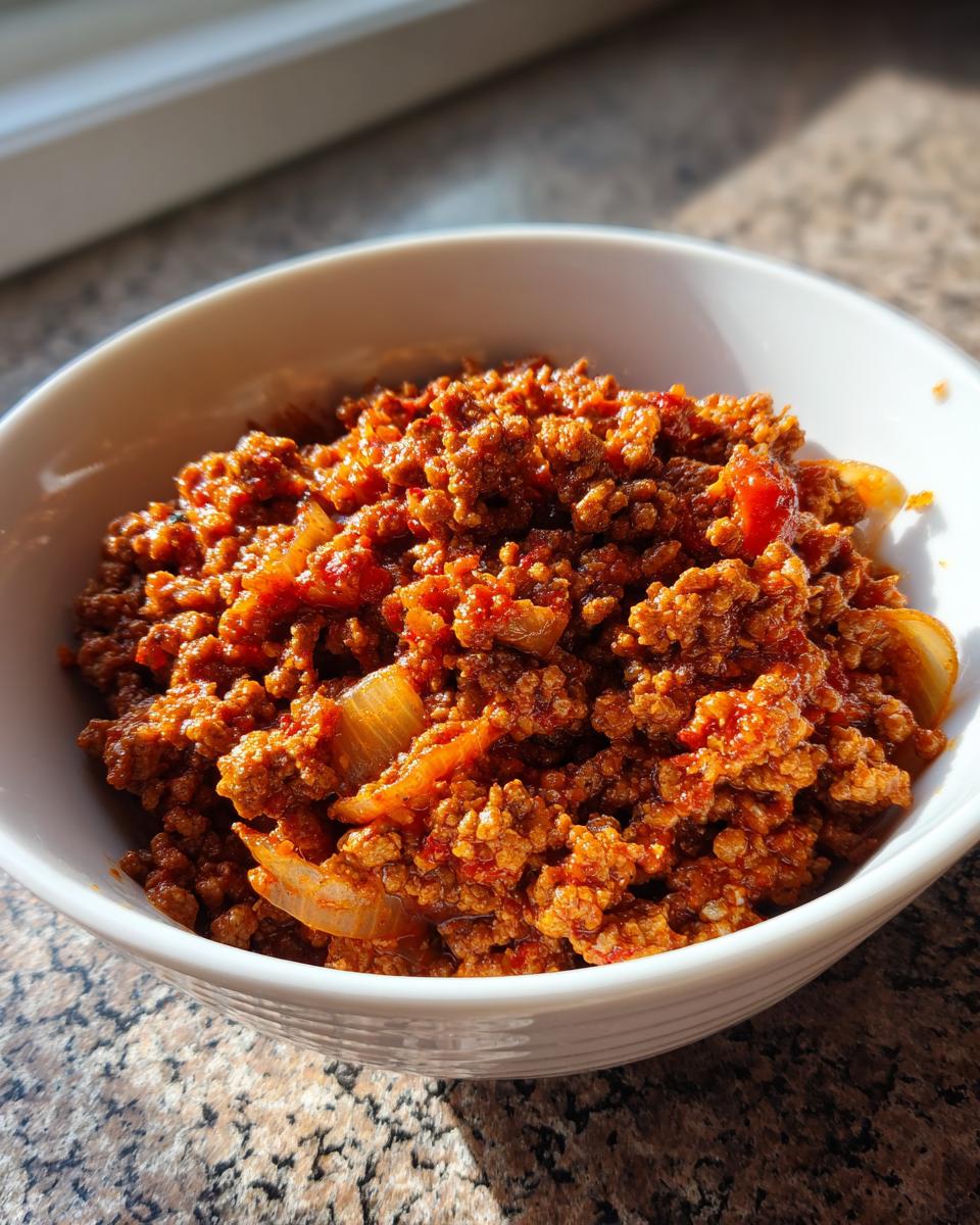 White bowl filled with seasoned ground beef and onions, perfect for cozy dinner recipes.