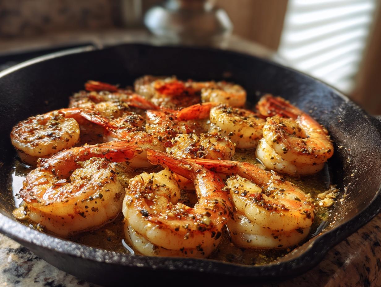 Close-up of seasoned shrimp cooking in a cast iron skillet with herbs and spices for shrimp dinner ideas.