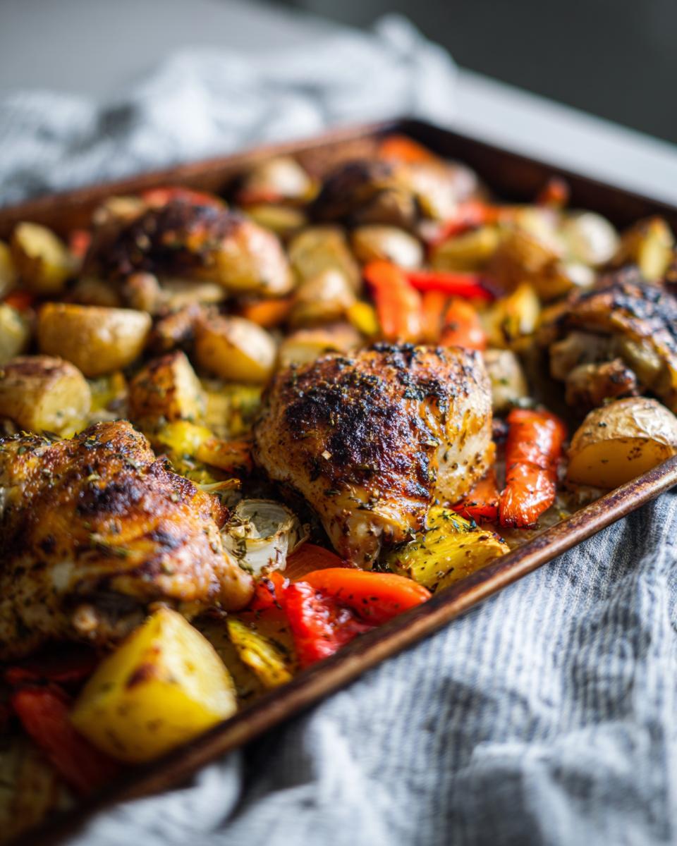 Roasted sheet pan chicken and veggies iftar with potatoes, carrots, and peppers.