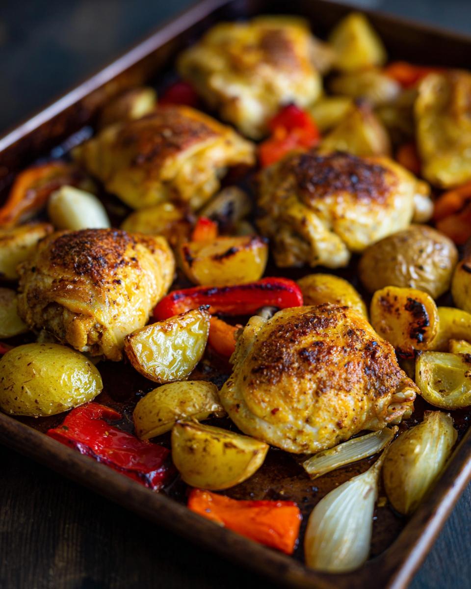 Sheet pan with golden roasted chicken thighs, potatoes, red peppers, and onions for sheet pan chicken and veggies iftar