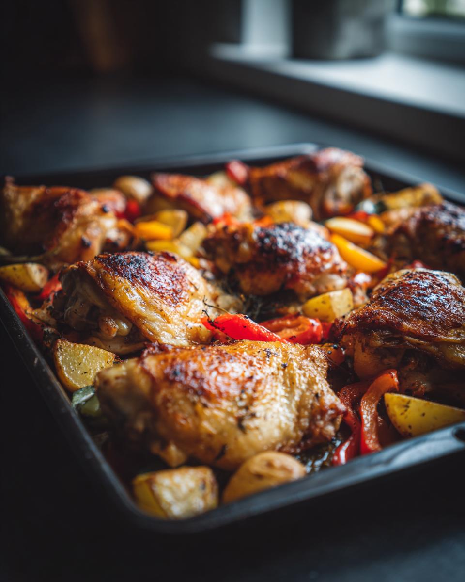 Sheet pan chicken and veggies iftar with roasted chicken thighs and colorful vegetables.