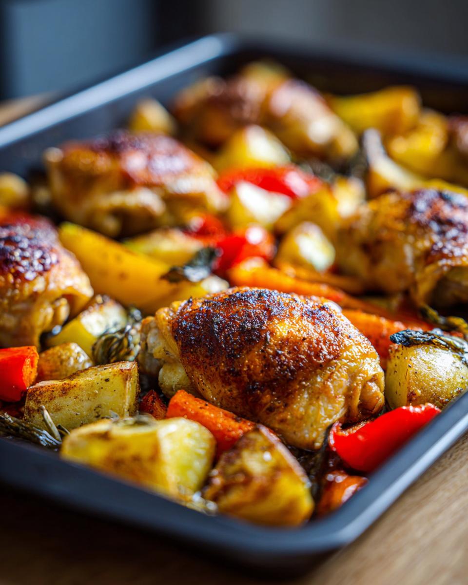 Sheet pan with golden roasted chicken thighs and colorful roasted vegetables for sheet pan chicken and veggies iftar