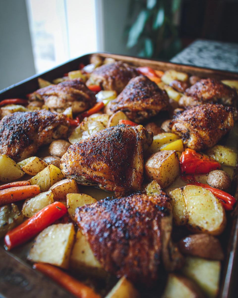 Sheet pan chicken and veggies iftar with crispy chicken thighs and roasted potatoes and carrots.