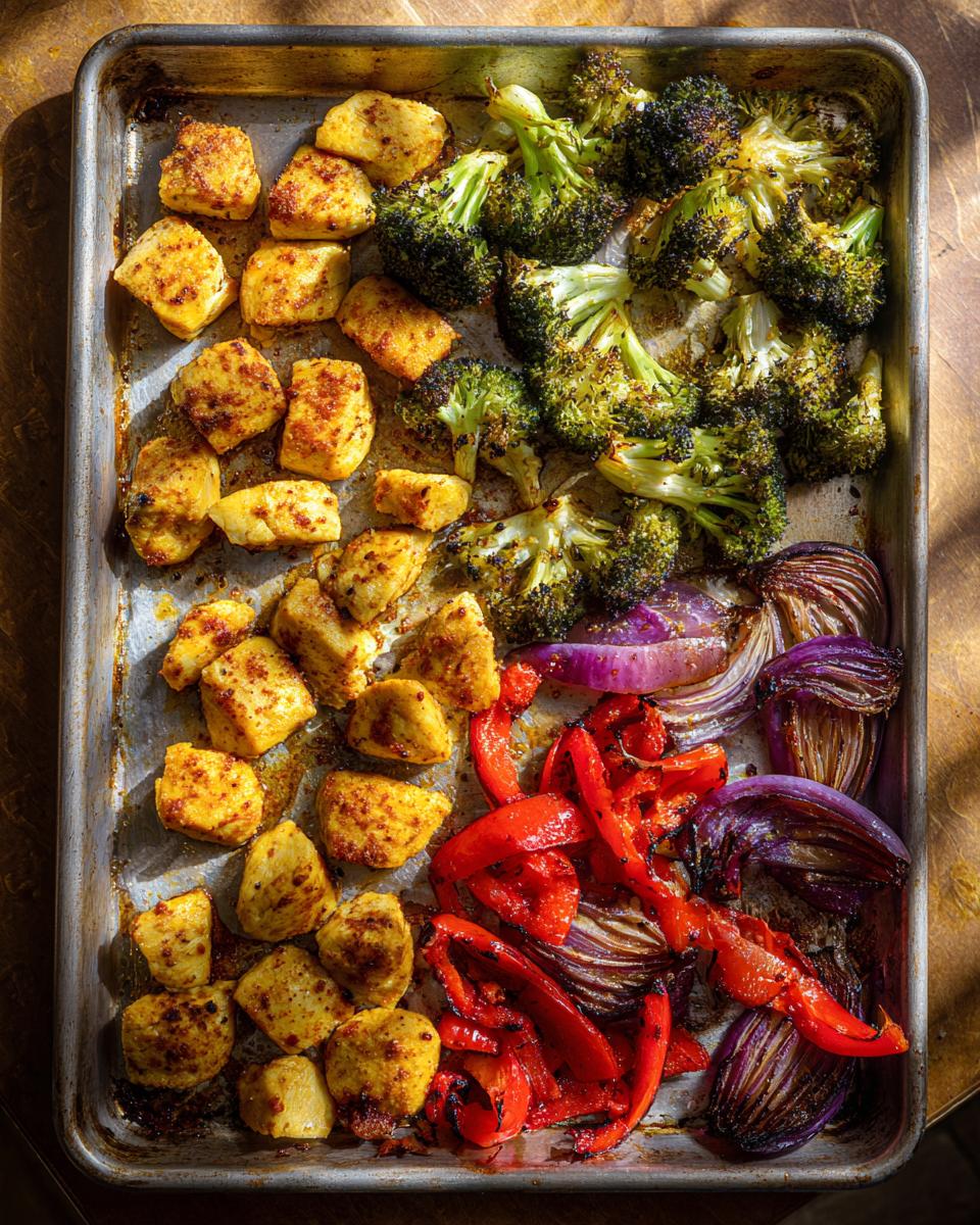 Sheet pan dinners with roasted chicken pieces, broccoli, red bell peppers, and red onions.