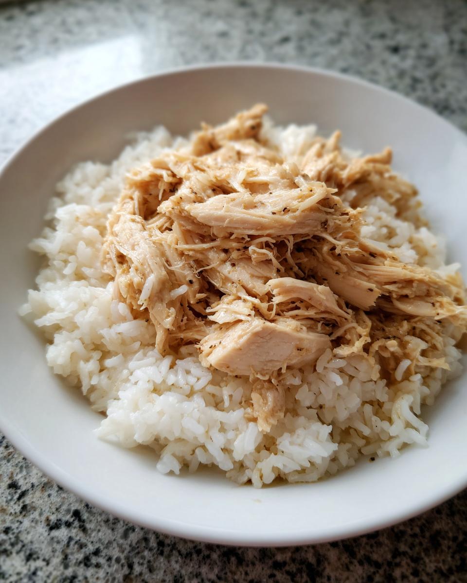 Bowl of shredded chicken served on a bed of white rice, a simple instant pot recipes dish.