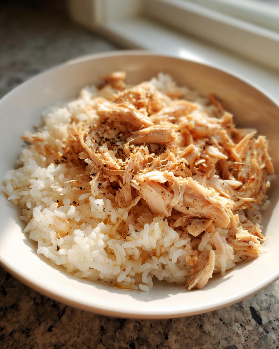 Bowl of shredded chicken served over white rice with seasoning, an instant pot recipe.
