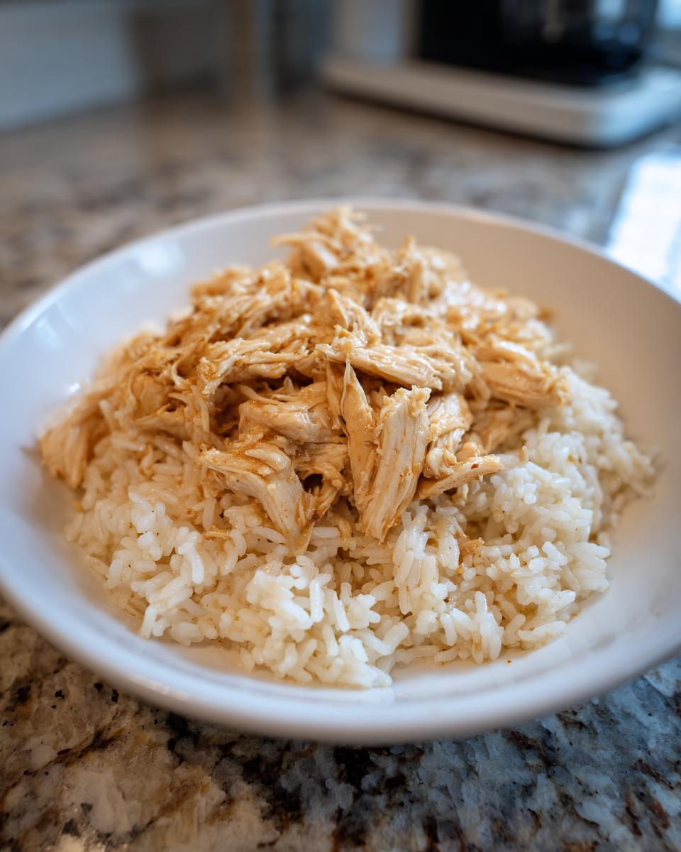 Bowl of shredded chicken served over white rice, an easy instant pot recipe
