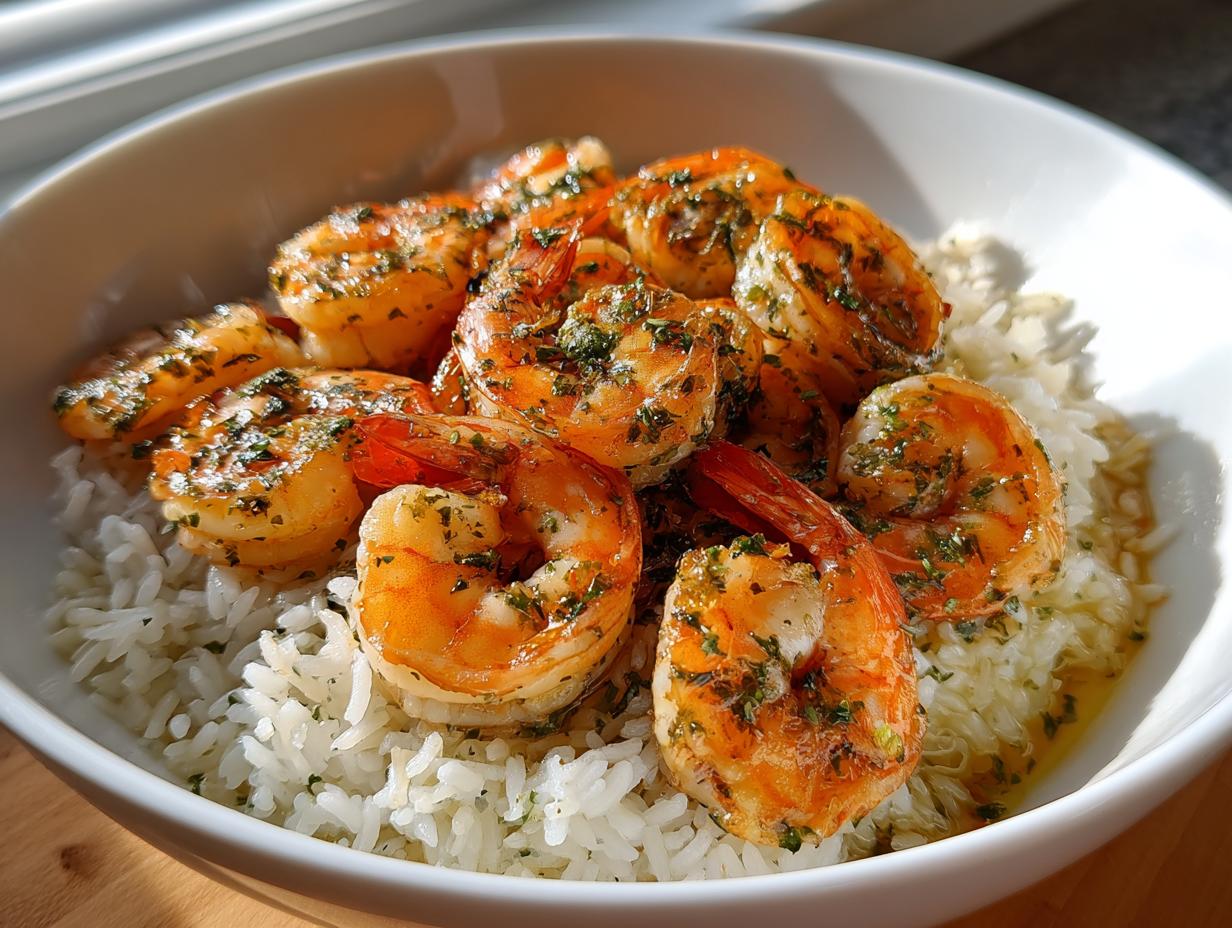 Bowl of white rice topped with herb-seasoned cooked shrimp for shrimp and rice iftar recipes.
