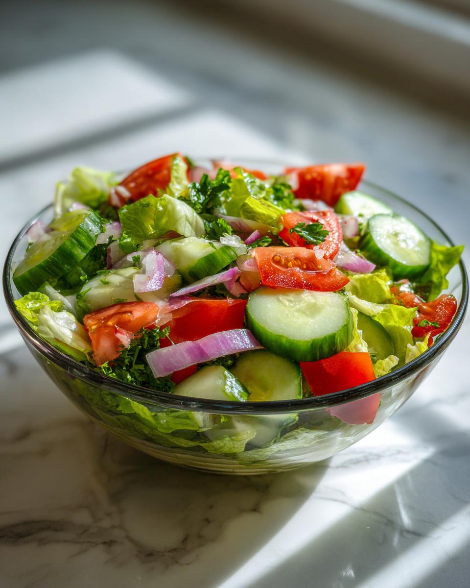 Glass bowl filled with fresh simple iftar salad ideas including cucumber, tomato, lettuce, and red onion.