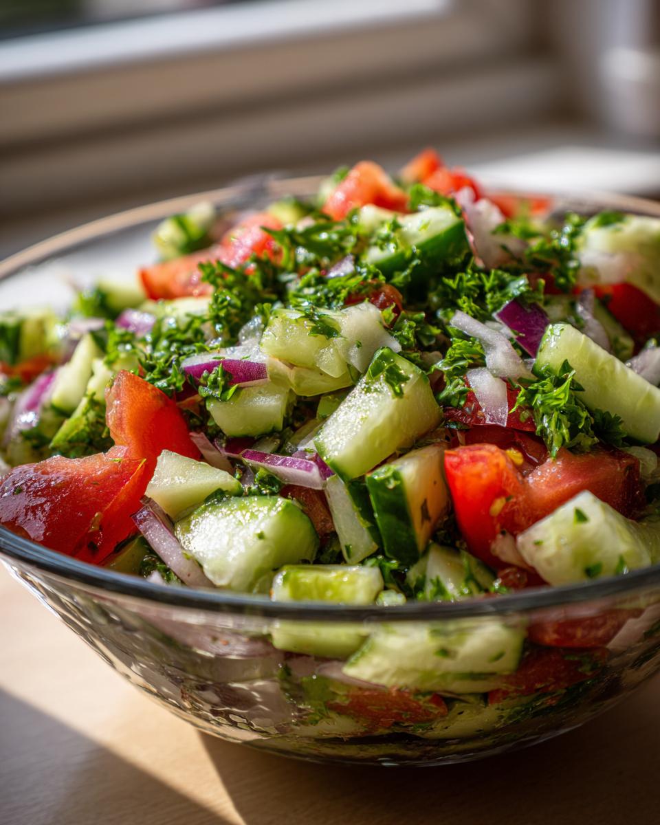 Colorful simple iftar salad ideas with cucumbers, tomatoes, red onions, and parsley in a glass bowl.