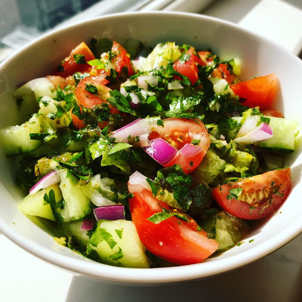 Bowl of simple iftar salad ideas with chopped tomatoes, cucumbers, red onions, and herbs.