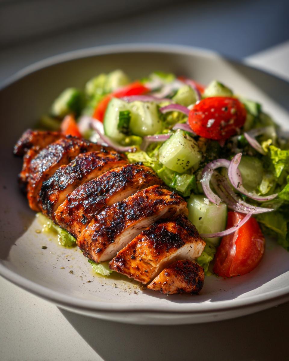Plate with sliced grilled chicken and fresh salad with cucumber, tomato, and onion for grilled chicken and salad iftar