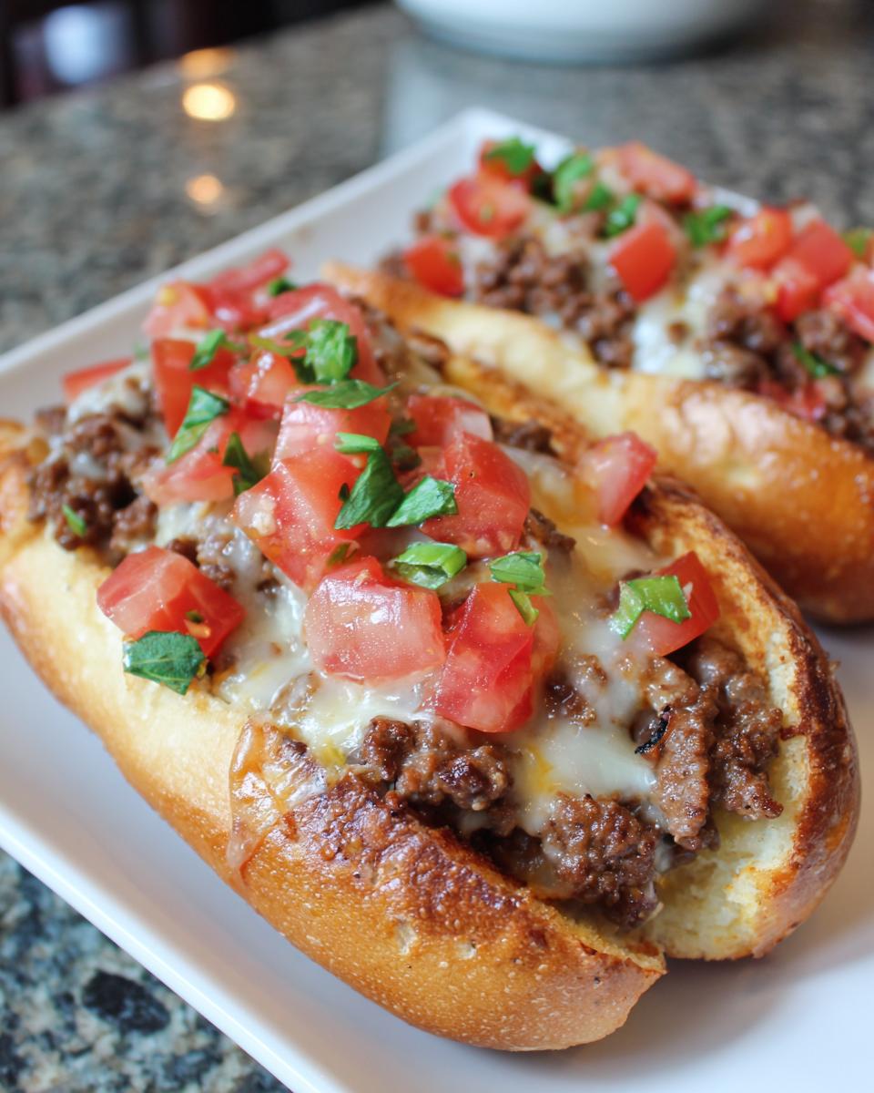 Close-up of sloppy joe sandwiches with ground beef, melted cheese, diced tomatoes, and parsley on toasted buns.