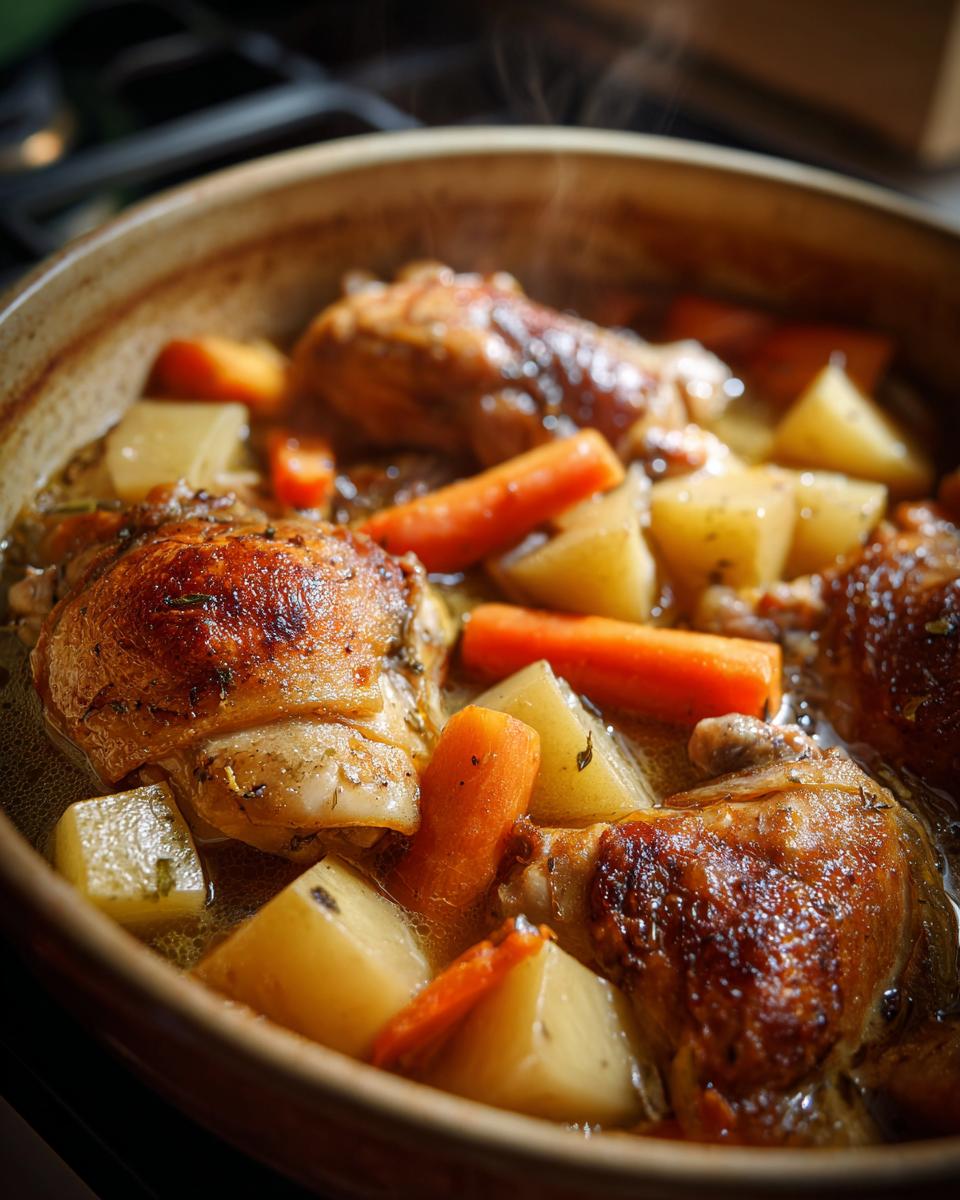 Slow cooker chicken stew with carrots and potatoes simmering in broth