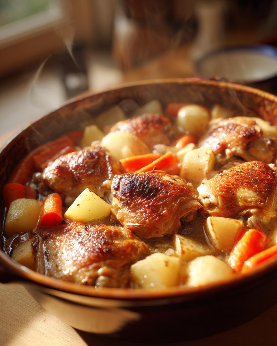 Slow cooker chicken with potatoes and carrots in a brown pot, steaming hot and cooked.