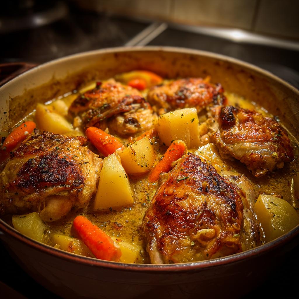 Slow cooker chicken with carrots and potatoes in a savory broth, perfect for ramadan slow cooker dinner recipes.