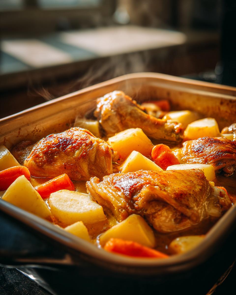 Slow cooker chicken with potatoes and carrots in a savory broth, perfect for ramadan slow cooker dinner recipes.
