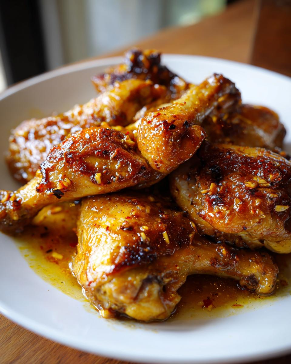 Plate of glazed slow cooker iftar chicken drumsticks with spices and sauce.