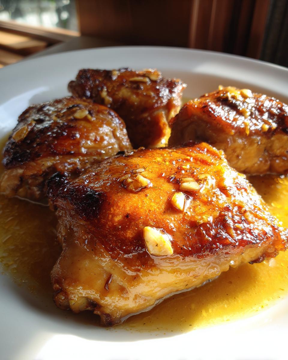 Close-up of slow cooker iftar chicken recipes featuring golden brown chicken thighs with garlic sauce.