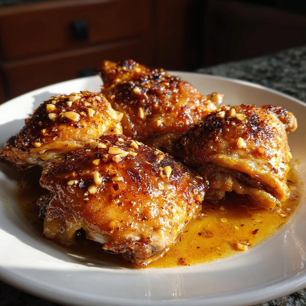 Slow cooker iftar chicken recipes showing glazed chicken thighs garnished with chopped garlic on a white plate.