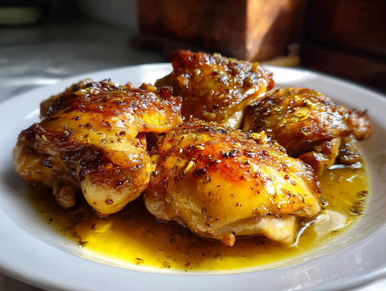 Close-up of slow cooker iftar chicken recipes with golden-brown seasoned chicken thighs in sauce on a white plate.