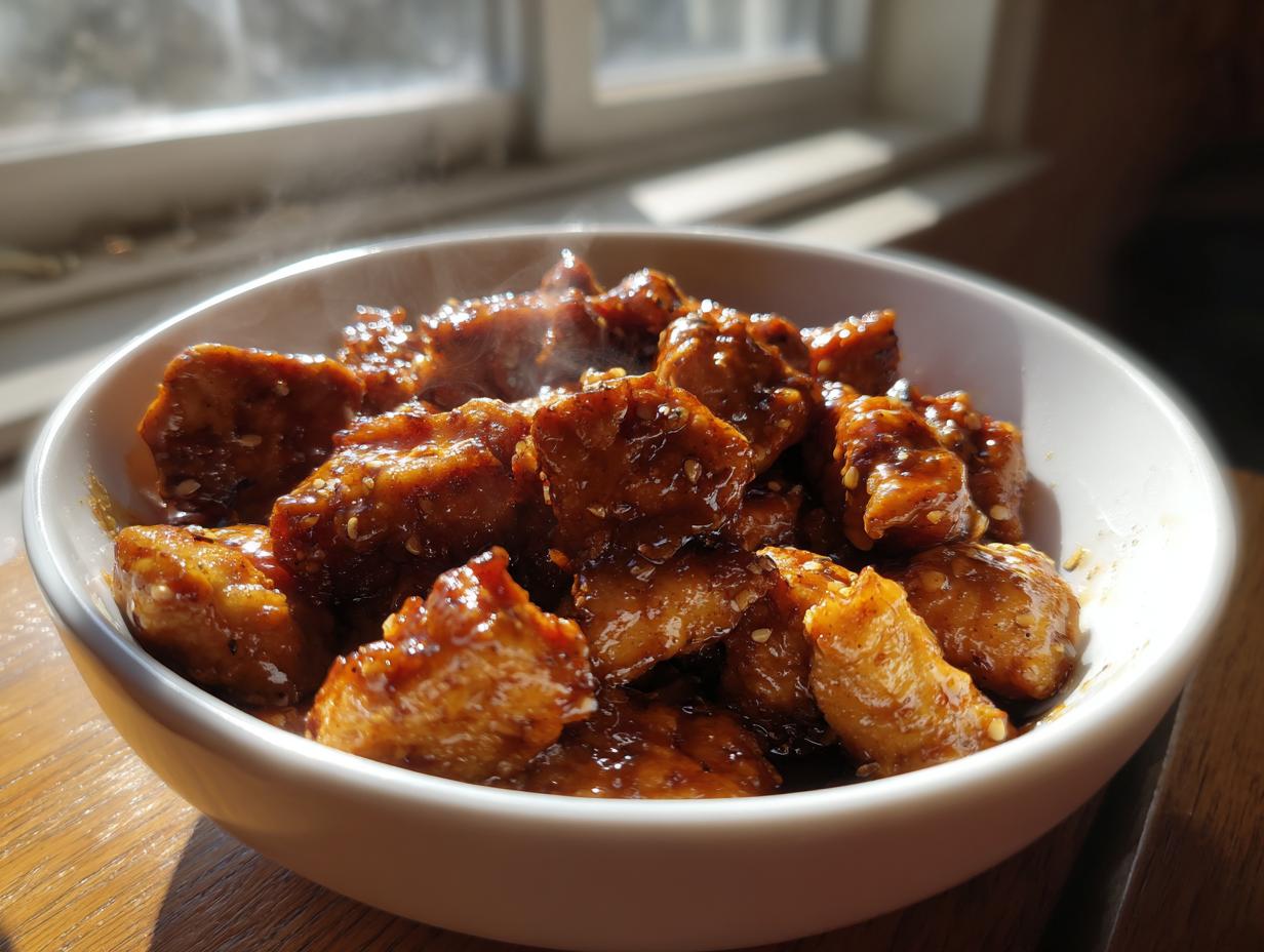 Steaming glazed chicken pieces in a white bowl, showcasing slow cooker recipes.
