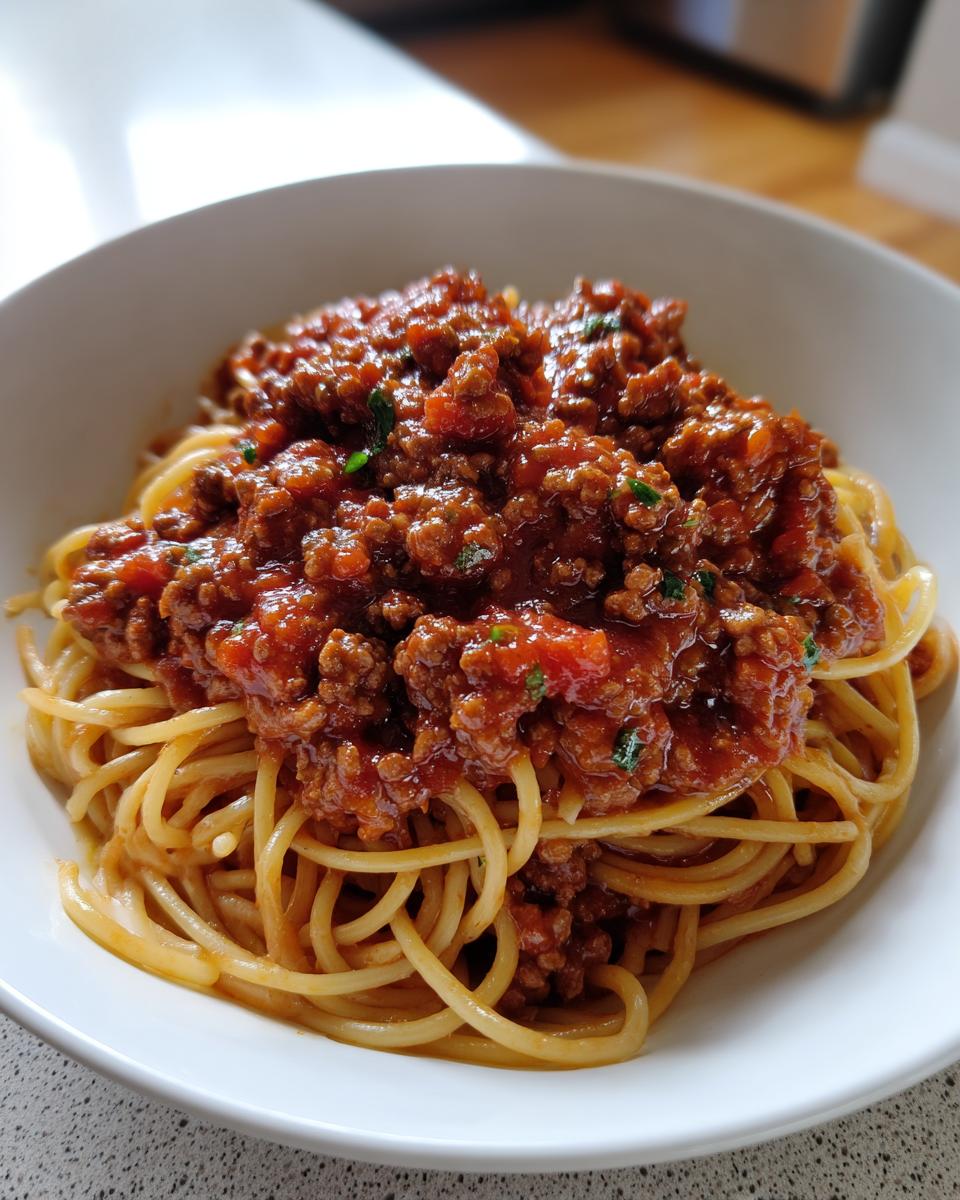 Bowl of spaghetti topped with rich meat sauce, perfect for family dinner ideas.