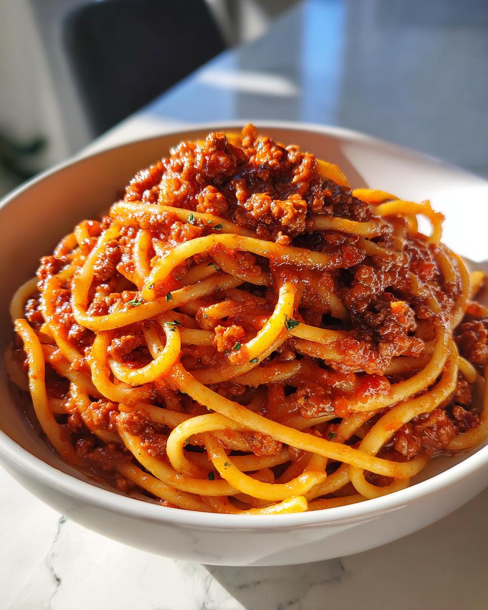 Bowl of spaghetti bolognese with rich meat sauce, perfect for family dinner ideas.