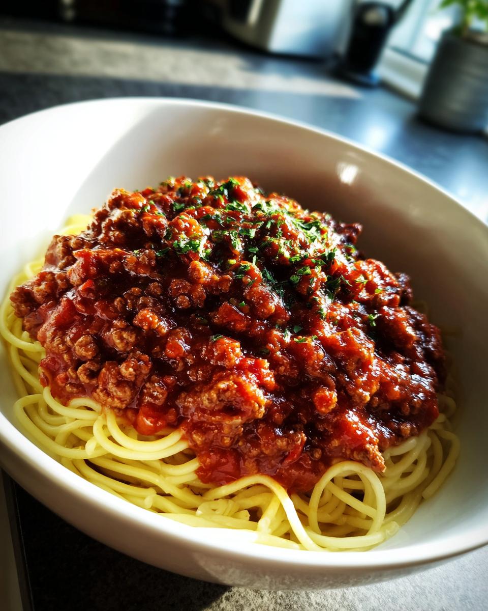 Bowl of spaghetti topped with rich meat sauce and garnished with herbs for family dinner ideas
