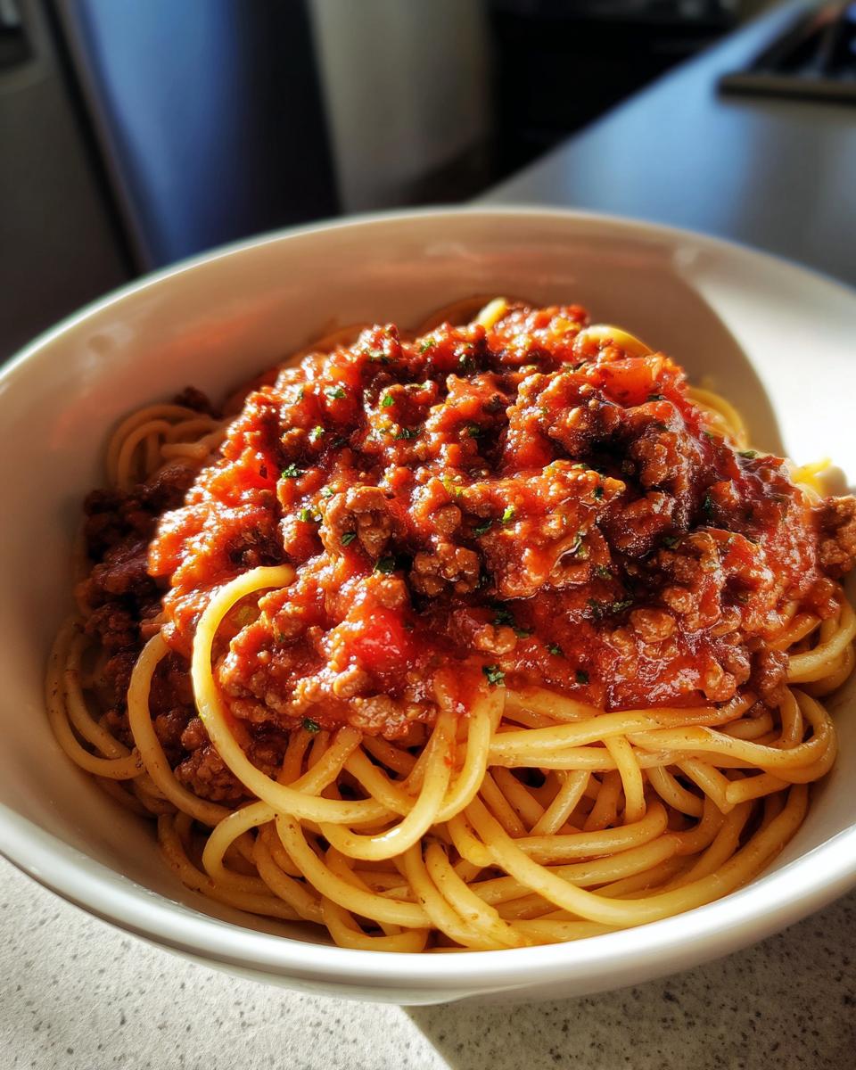 Bowl of spaghetti topped with rich meat sauce, a perfect family dinner ideas meal.