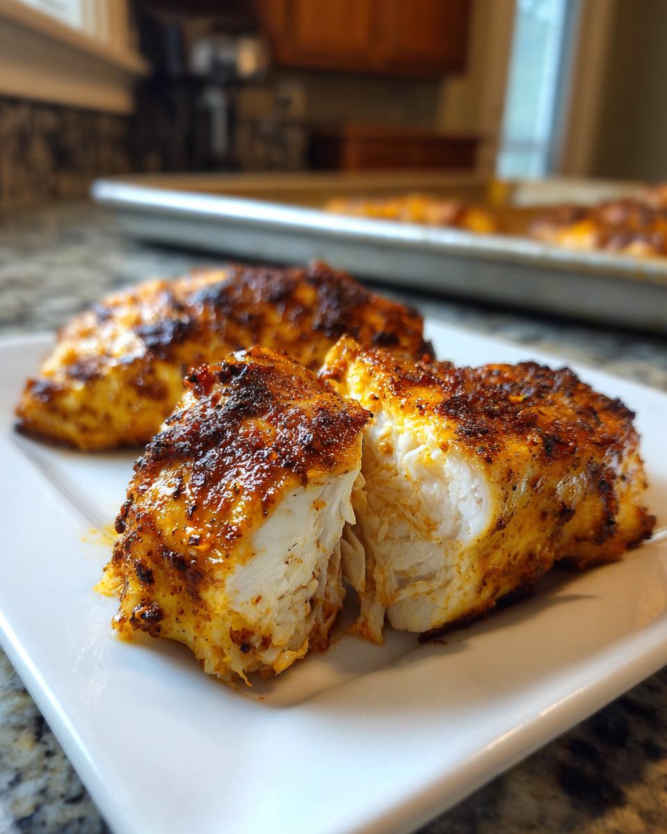 Close-up of spiced baked chicken meal prep pieces on a white plate with a baking tray in background.