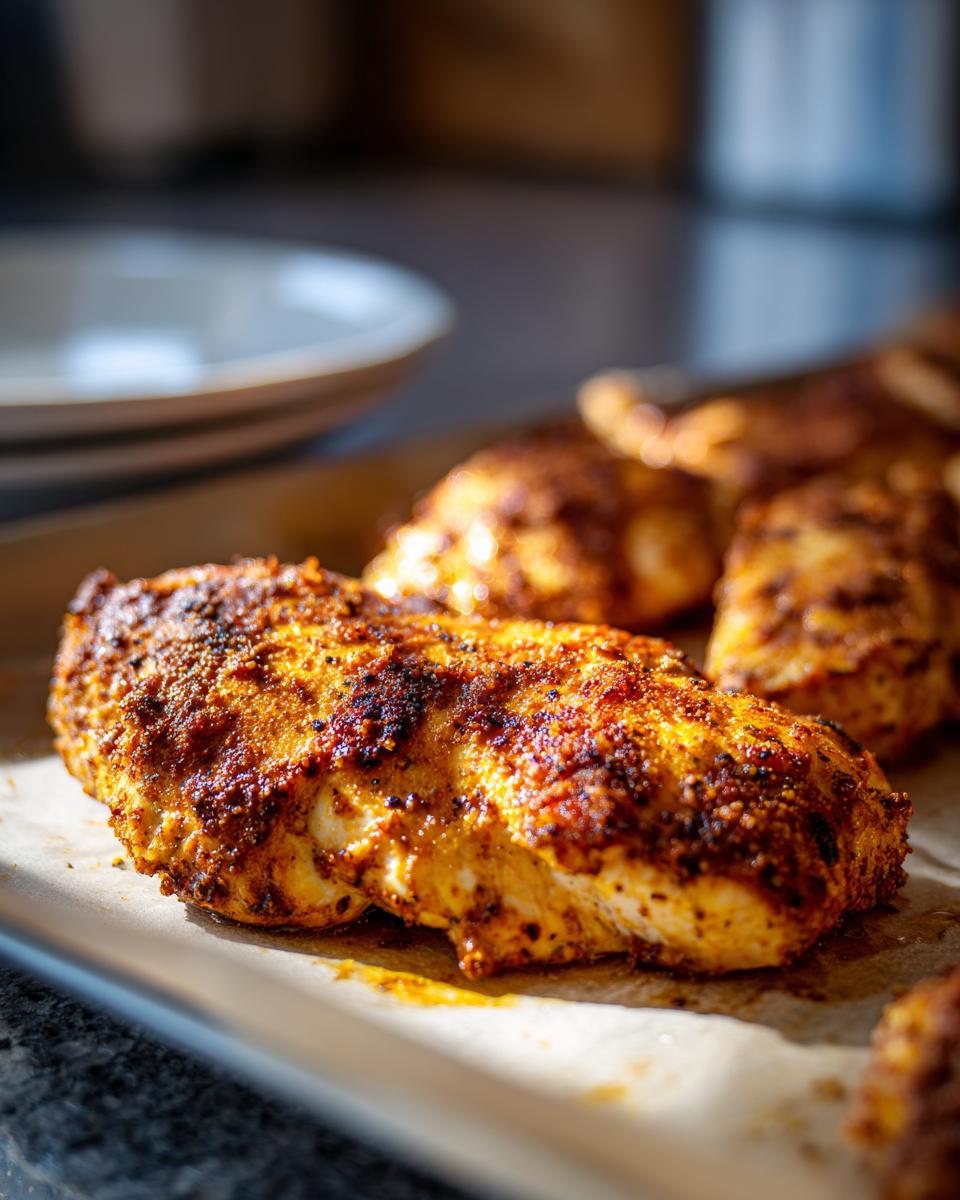 Close-up of spiced baked chicken breasts on a tray for chicken meal prep.
