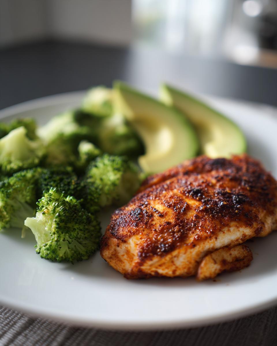 Spiced grilled chicken breast served with steamed broccoli and sliced avocado low carb dinners
