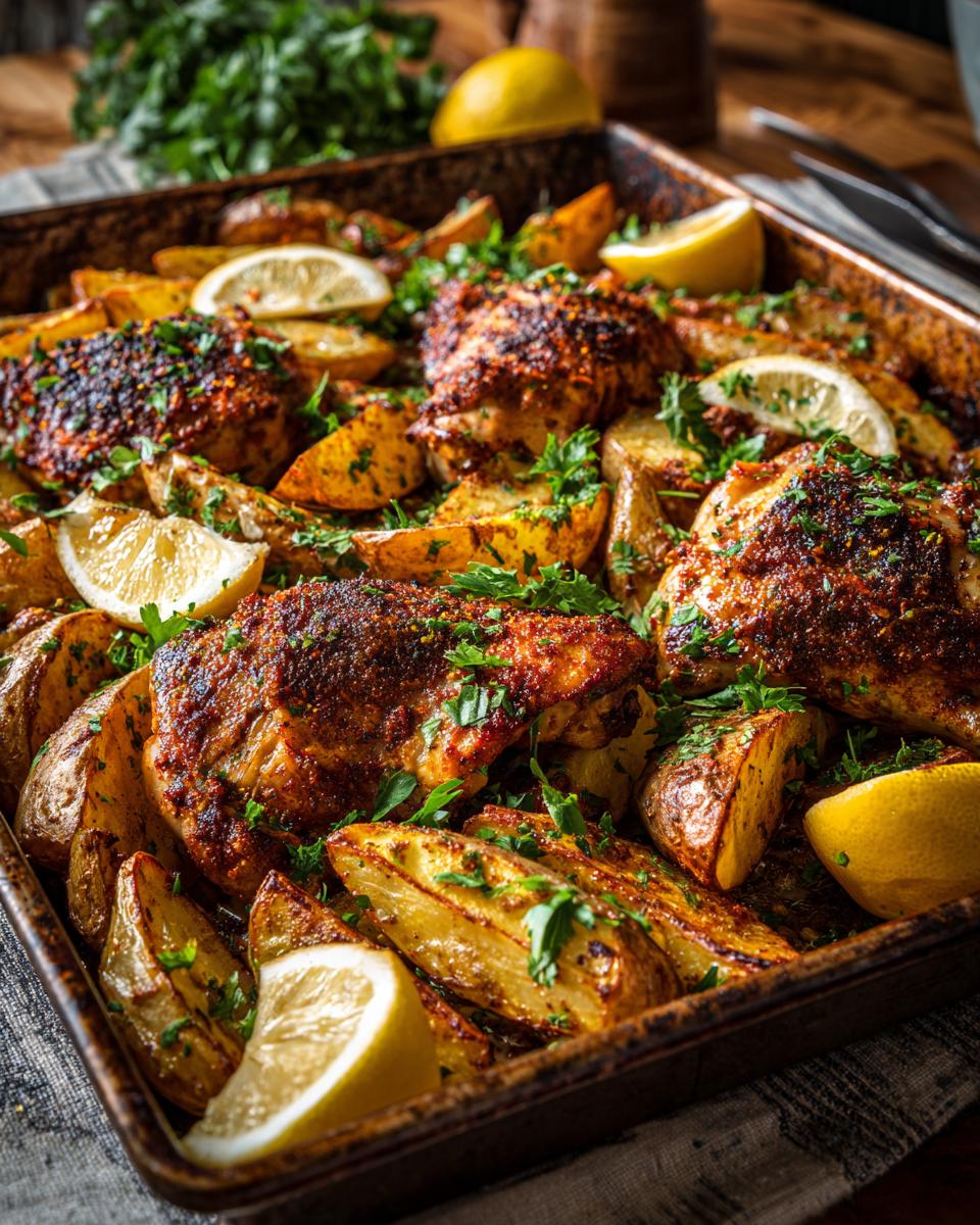 Tray bake with spiced chicken thighs, roasted potato wedges, lemon slices, and fresh parsley for Ramadan family iftar tray bake.