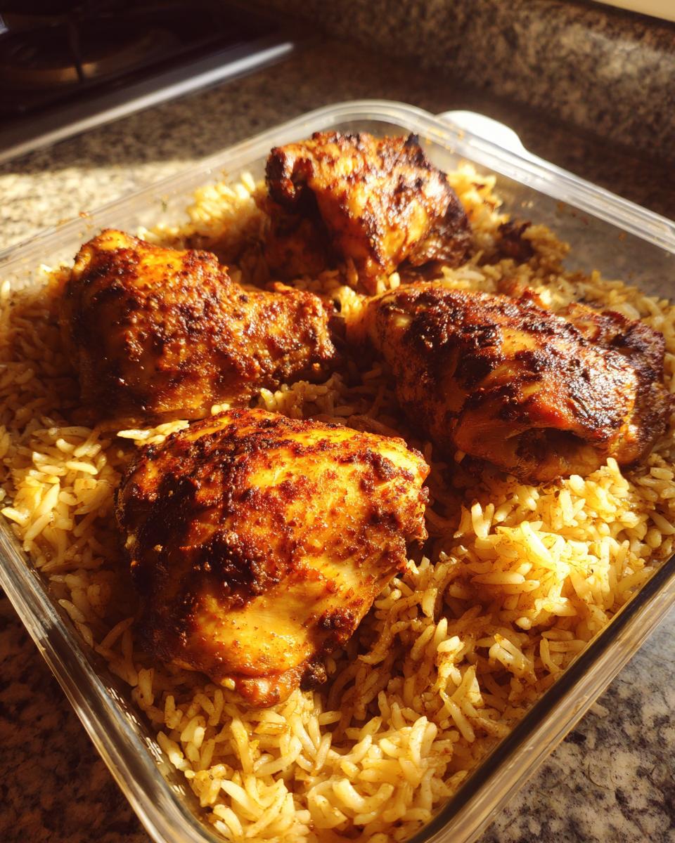 Spiced chicken thighs served on a bed of seasoned rice in a clear meal prep container for march ramadan weekly meal prep.