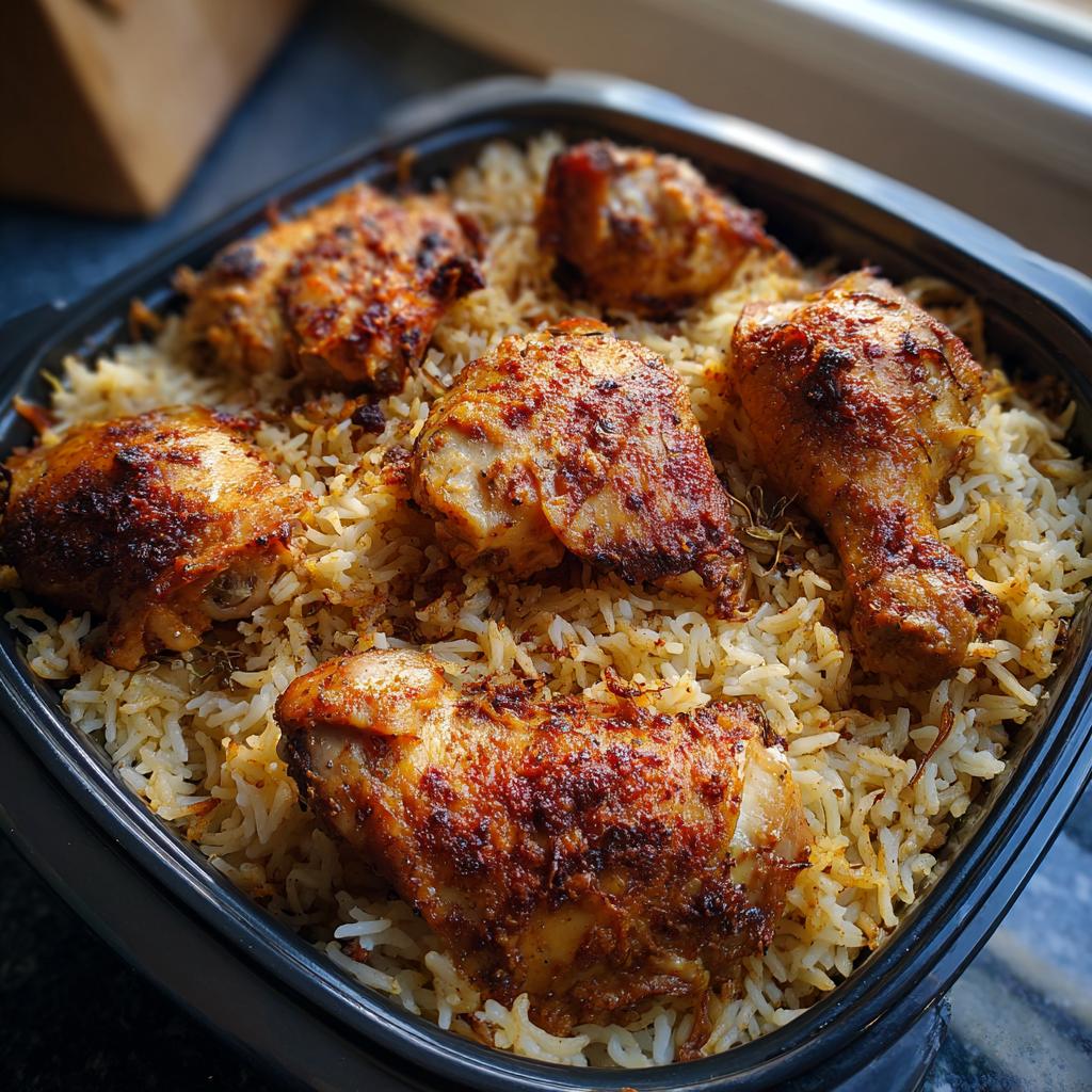 Tray of spiced roasted chicken pieces on a bed of seasoned rice for march ramadan weekly meal prep