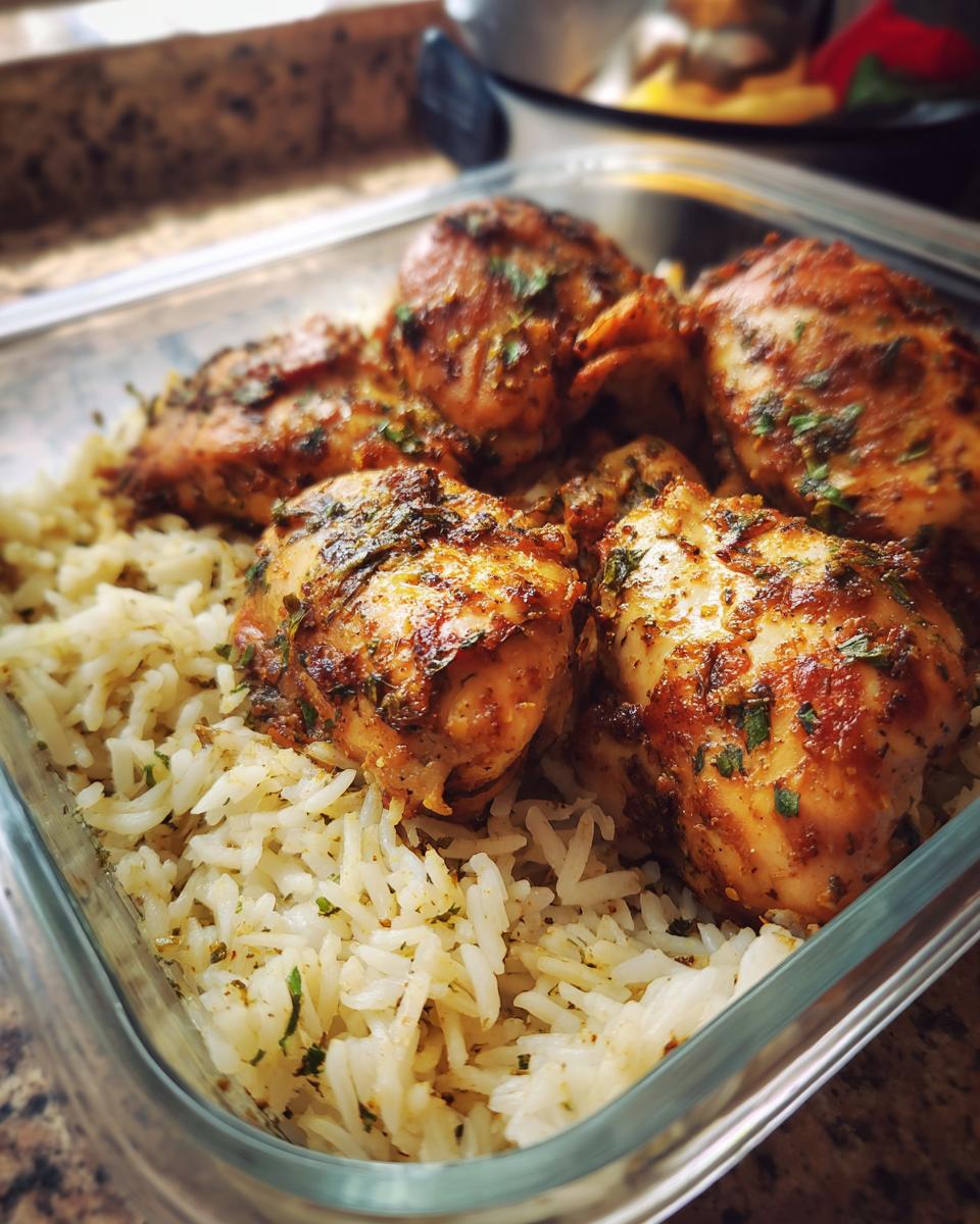 Glass container with spiced chicken thighs on a bed of seasoned rice for march ramadan weekly meal prep