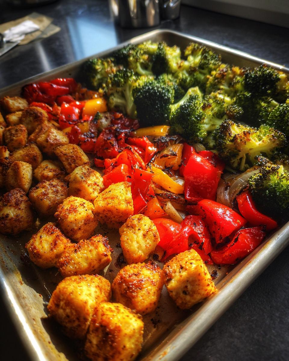 Sheet pan dinner with spiced chicken cubes, roasted red peppers, and broccoli florets.