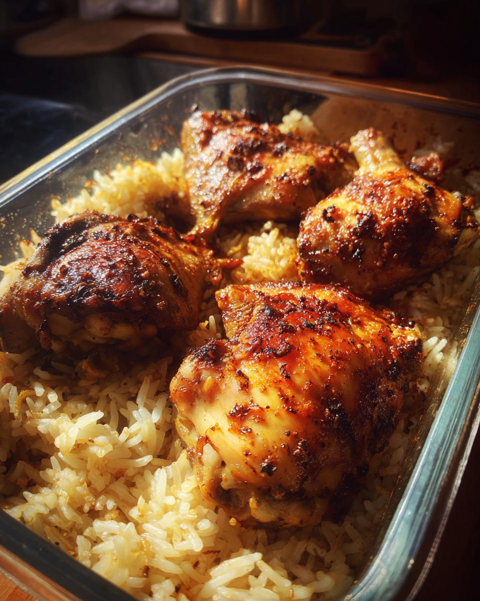 Baked spiced chicken thighs on a bed of seasoned rice in a glass meal prep container for march ramadan weekly meal prep