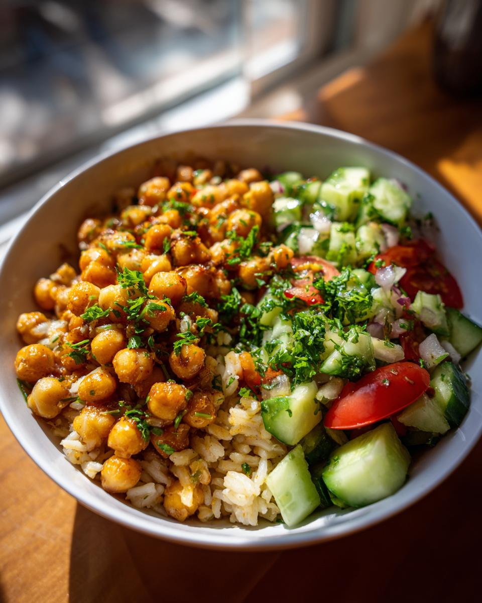 Bowl of spiced chickpeas served over rice with cucumber and tomato salad, a vegetarian iftar ideas easy dish.