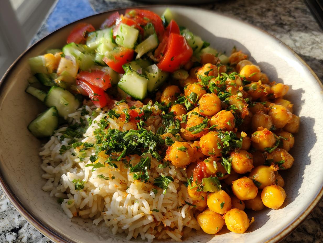 Bowl of spiced chickpeas, white rice, and cucumber tomato salad garnished with herbs, vegetarian iftar ideas easy